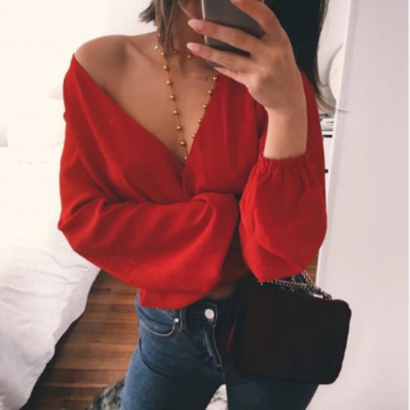 Tops - Sexy Red Chiffon Criss Cross Surplice Top